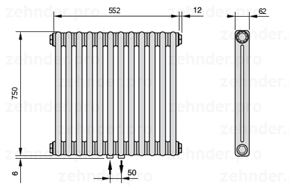 Схема (чертеж) Радиатор Zehnder Charleston 2075/12 №3470 Белый глянцевый RAL 9016